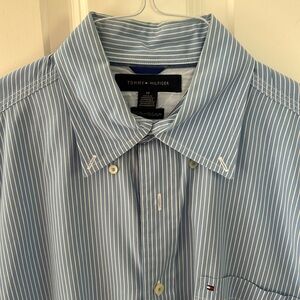 TOMMY HILFIGER blue & white striped men’s shirt, size M, 80s Two Ply Cotton